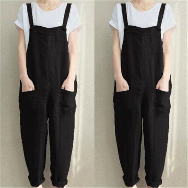 

sleeveless dungarees loose long womens rompers pants cotton linen overalls playsuits, Black;white
