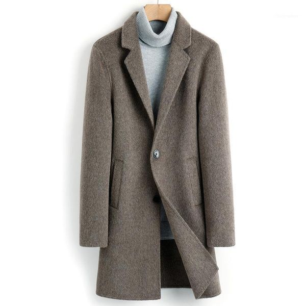 

men's wool & blends albaka handmade double faced woolen coat fashion solid color casual medium length british slim cashmere, Black