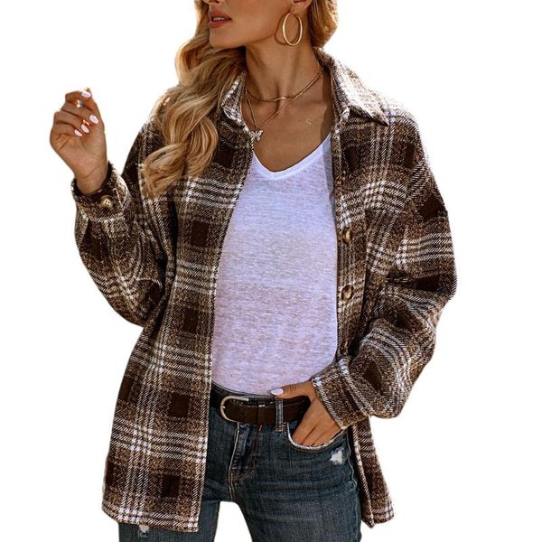 

women's jackets women jacket plaid print casual long sleeve button down loose lapel coat with pocket ladies cardigan warm spring fall, Black;brown