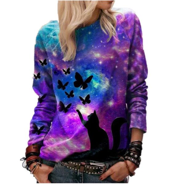 

20203d star cat butterfly print casual long sleeve women's t-shirt, White