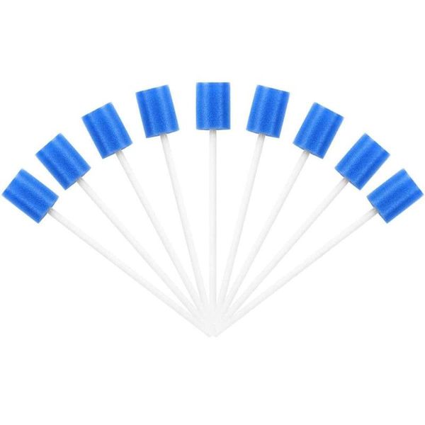 Pacote de garfos com 100 bastões de higiene bucal descartáveis com ponta de esponja azul e cotonetes de higiene For258j
