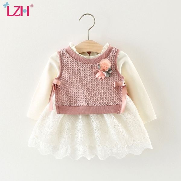 LZH 2021 Autunno Primavera Cute Baby girls vestono giacca + vestito in maglia 2 pezzi set Infant Baby Newborn Cotton Princess dress 0 1 2 3 Anno 210315