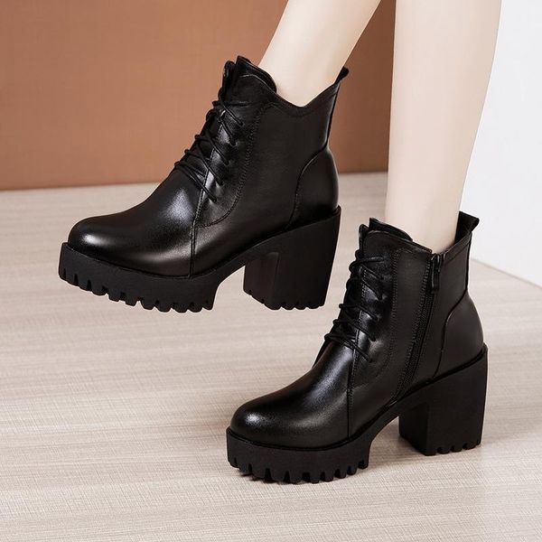 

boots small plus size 32-43 block heel women platform fall spring 2021 all match high heels motorcycle ankle student, Black
