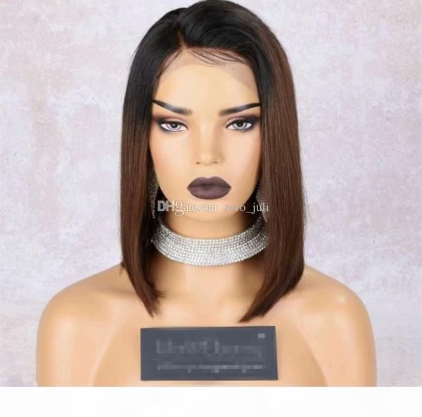 

t1b 30 ombre malaysian front wigs straight hair side part short bob human hair wig with baby hair for black women, Black;brown