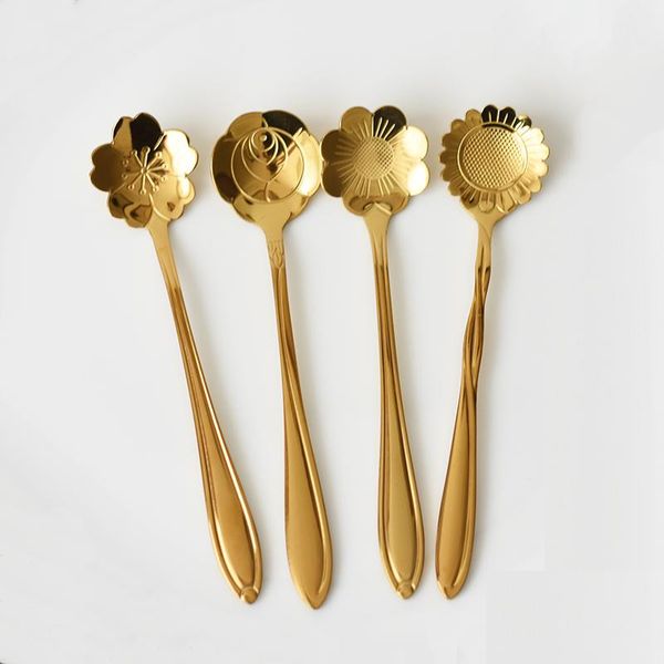 

spoons 1pc creative cherry blossom spoon coffee stainless steel plated gold stirring flower dessert ice cream for girl