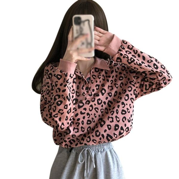 

women's t-shirts korean fashion kawaii leopard print lapel tee spring autumn loose casual long sleeve pullover 2021, White