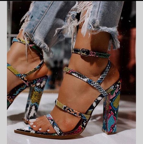

2021 new snake ankle strap chunky heeled sandals colorblock open toe casual design party shoes womanshoes 42 3wj4, Black