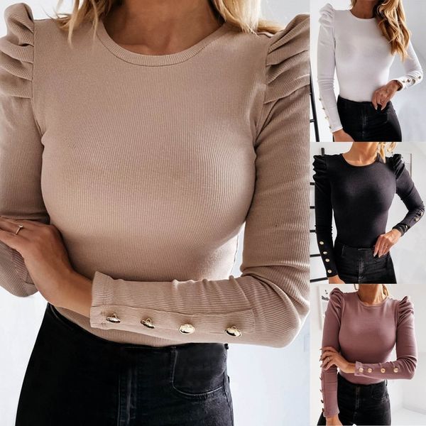 

saleelegant office on t-shirts women long mouw o-neck vest slender uncommon effects colour button female football, White
