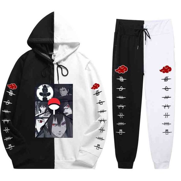 

naruto fire shadow summer patchwork sweater set men's pants youth sports two-piece, Black