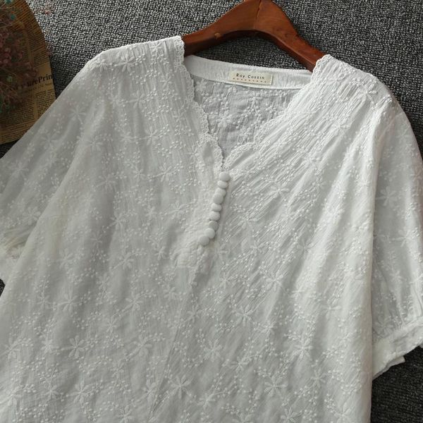 

women's blouses & shirts summer women v neck solid embroidery cotton shirt casual short sleeve, White