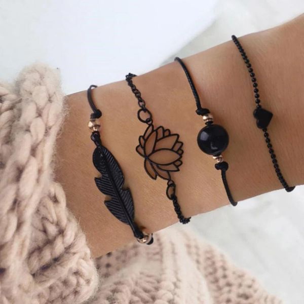 

link, chain 2021 fashion 4pcs gothic black feather lotus bracelets set heart charm boho bangles for women wrist