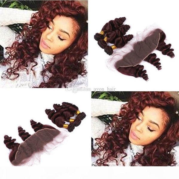 

#99j wine red loose wave hair weft with lace frontal 13x4 burgundy ear to ear lace frontal with loose wave hair weaves, Black;brown