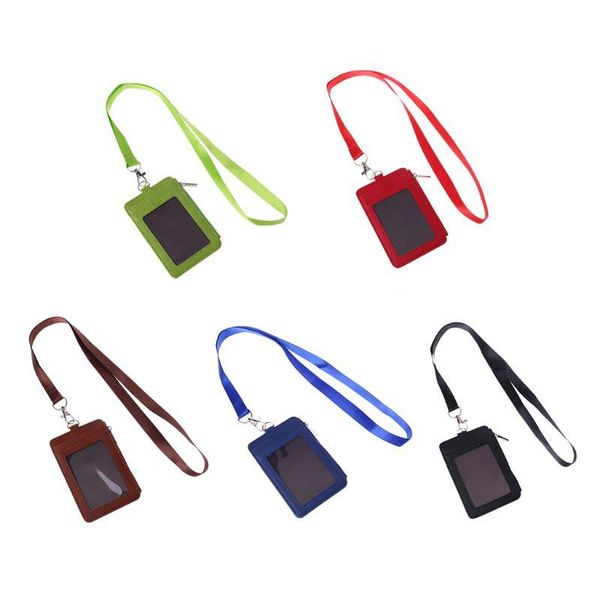 

card holders fashion men women adults kids leather id badge bus cards holder small casual lanyard case business organizer bag, Brown;gray