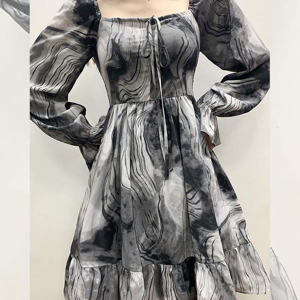 

black gothic tie dye dress korean harajuku vintage square collar mini chiffon summer dresses long sleeve autumn vestido de mujer, Black;gray