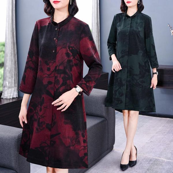 

casual dresses women dress autumn 2022 office lady vintage print long sleeve loose single breasted stand neck red green, Black;gray