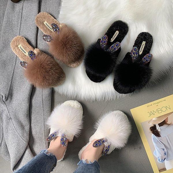 

slippers hair women autumn and winter korean style outer wear fashion baotou rhinestone ears flat cotton drag, Black