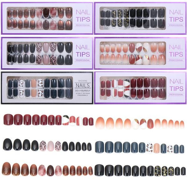 

false nails 30pcs with design nail art tips glitter leopard pattern women's fashion wearable full cover fake manicure tool, Red;gold