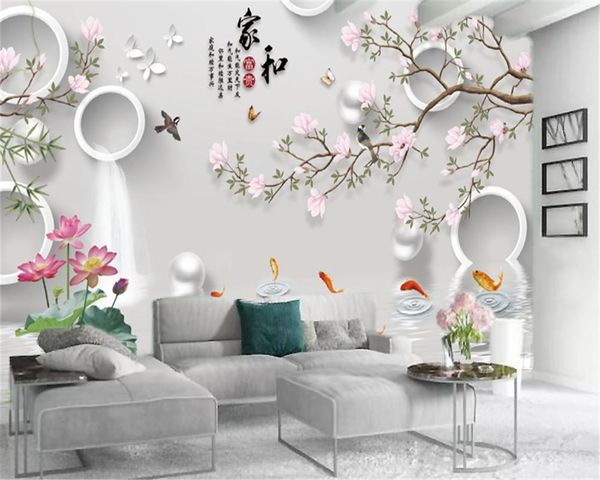 

wallpapers custom 3d flower wallpaper pink magnolia auspicious goldfish house and wealthy figure customized beautiful silk