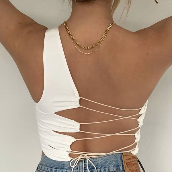 

one shoulder fashion backless lace up crop for women summer bandage cropped sleeveless solid, White