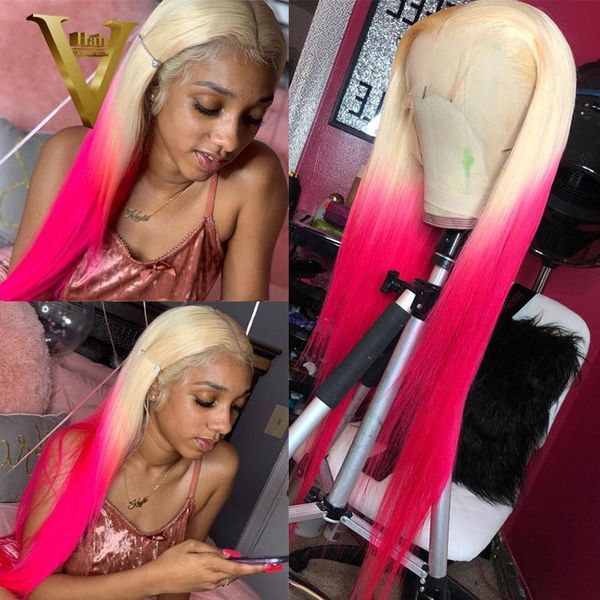 

lace wigs ombre pink colored human hair for women straight front wig pre plucked brazilian blonde 613 frontal, Black;brown