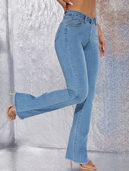 

raw hem flare leg skinny jeans k7ye#, Blue