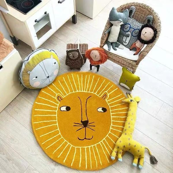 

carpets cartoon round carpet floor mat bedroom polyester lion bear flower soft rug anti-slip baby play nordic kids room decoration