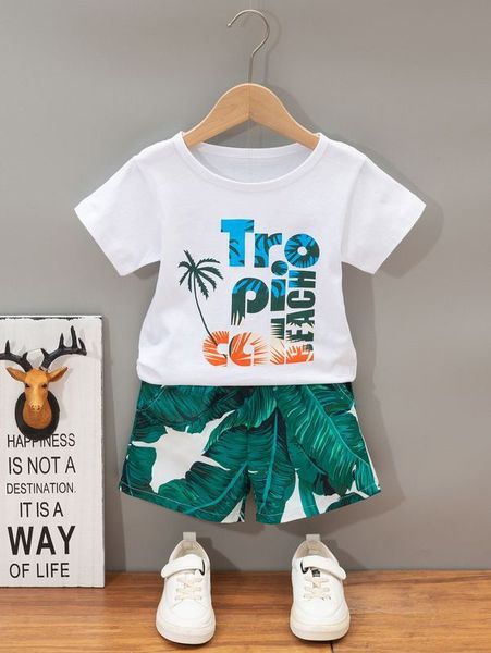

toddler boys letter graphic tee & tropical print shorts she, White