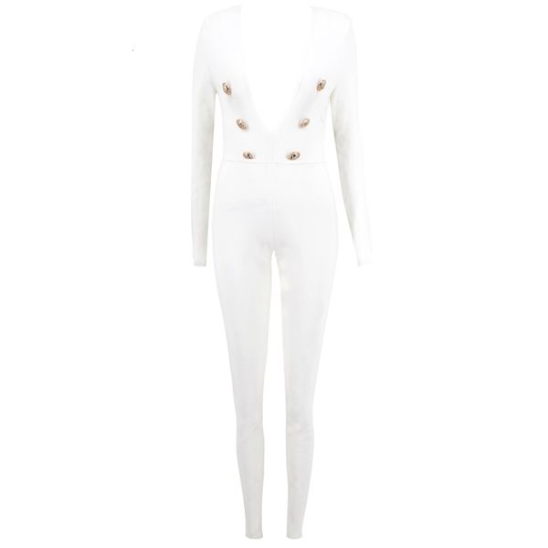 

decoration button white band jumpsuit v deep women apes aeoq, Gray