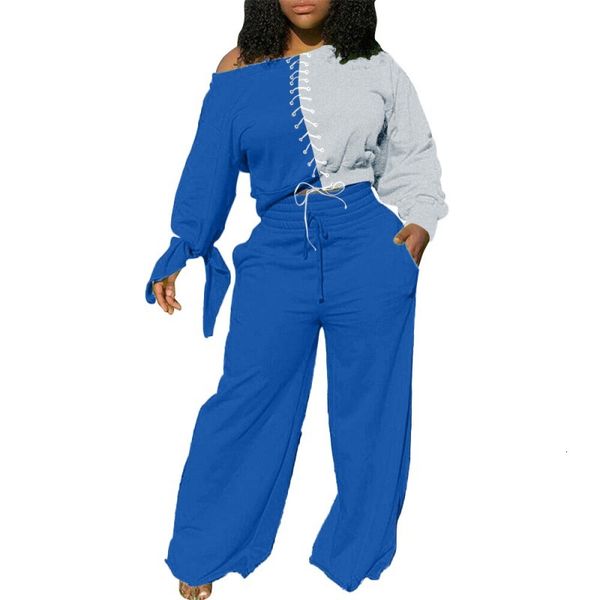 

slash neck sweatshirt two female ensemble 2021 autumn lace up to sleeve complete and waist string high pants matching together e56, Gray