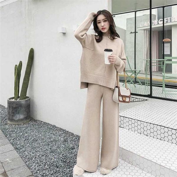 The Drape Knitting Calças de Legged Legged Terno Two-Piece Mulheres Inverno Cashmere Sweater Western Style Sets 211011