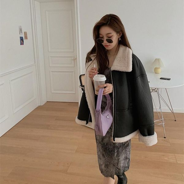 

women's fur & faux 2021 winter fashionable warm merino sheep double-faced coat motorcycle style men and women couple version, Black