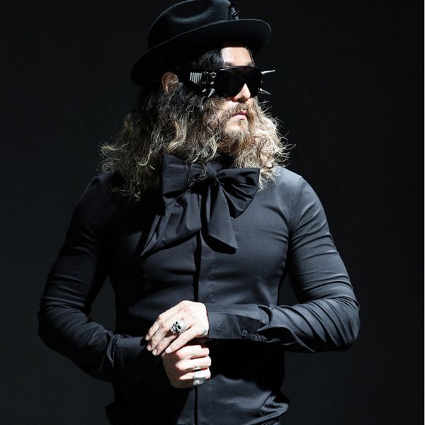 

tang 2021 retro men's scarves bow collar long sleeved dress shirt fashion male punk gothic style solid slim fit casual shirts y2c4, White