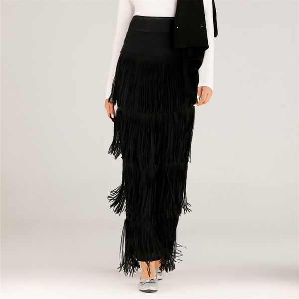 

women high waist skirts solid irregular fringed lady long skirt tassel elastic casual african modest elegant retro jupes falads 210311, Black