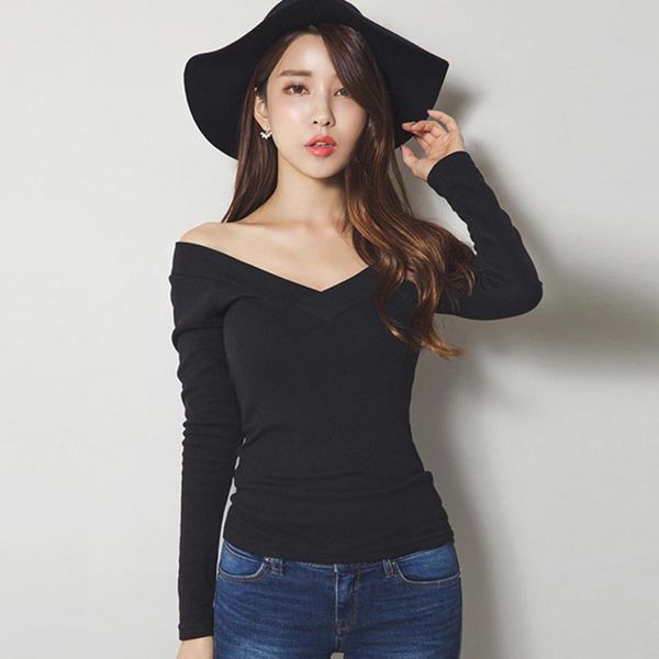 

t-shirt, long sleeve, women's cotton, korean clothing, v-neck, 2021, White