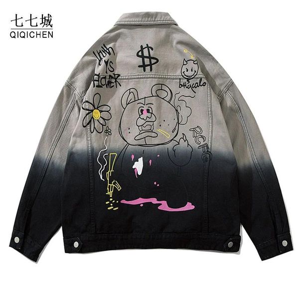 

men's jackets hand drawn bear denim jacket men women streetwear tie-dye gradient graffiti hip hop punk college jean coat 2021 autumn, Black;brown