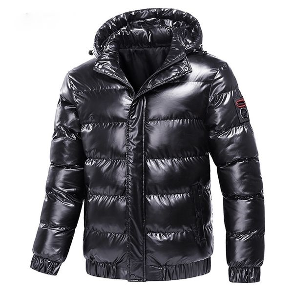 

autumn men's coat windbreaker fashion male cotton warm parka shiny down hood casual outerwear thermal black bomber jackets men 211204