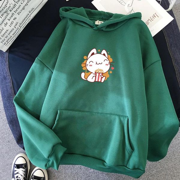 

women's hoodies & sweatshirts harajuku hoodie cat cute print 2021 winter cartoon oversized sweatshirt women fashion kawaii warm clothes, Black