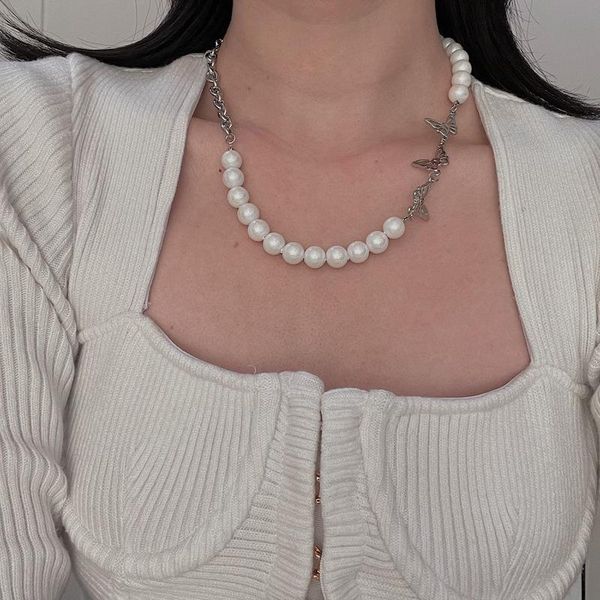 

chokers 2021 french vintage silver color chain pearls butterfly choker short necklace for women party aesthetic jewellery, Golden;silver