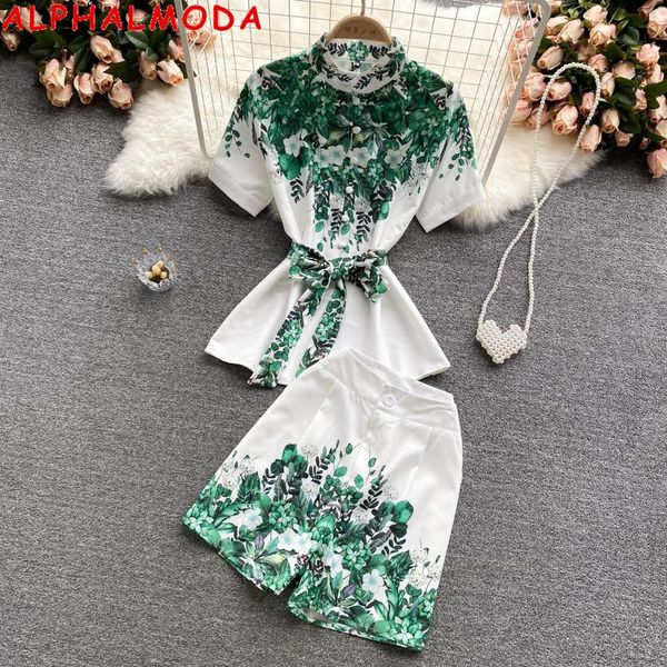 

women's tracksuits alphalmoda fashion floral printed pattern shirt high waist shorts 2pcs women suits elegant belted stand collar set, Gray