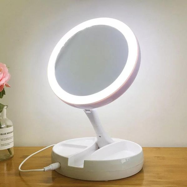 

foldable led lamp makeup with mirror round shape deskportable circular multifunctional magnification double-sided mirror