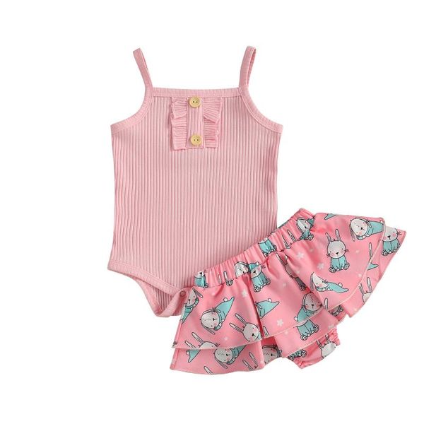 

clothing sets 2pcs fashionable baby girls outfit summer breathable solid color sleeveless suspender romper + printing short skirt set, White