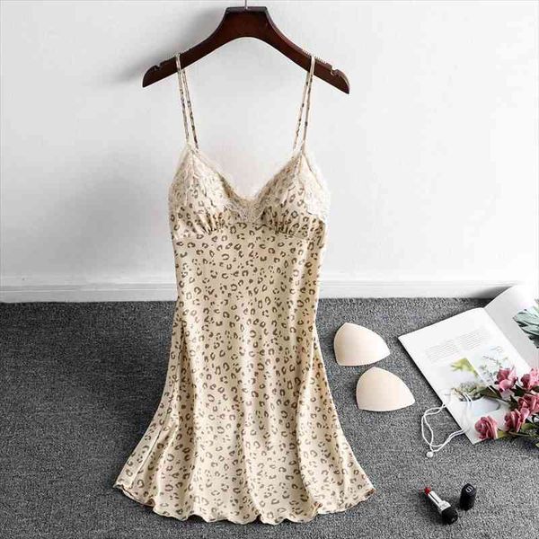 

leopard dress lingerie women print lace womens nightdress v neck split nightgowns female summer sleepwear, Black;red