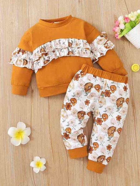 

baby floral print ruffle trim sweatshirt & sweatpants she, Blue