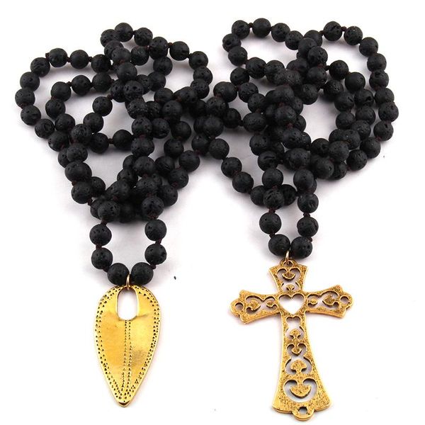 

pendant necklaces fashion black lava stones bead knotted metal cross, Silver