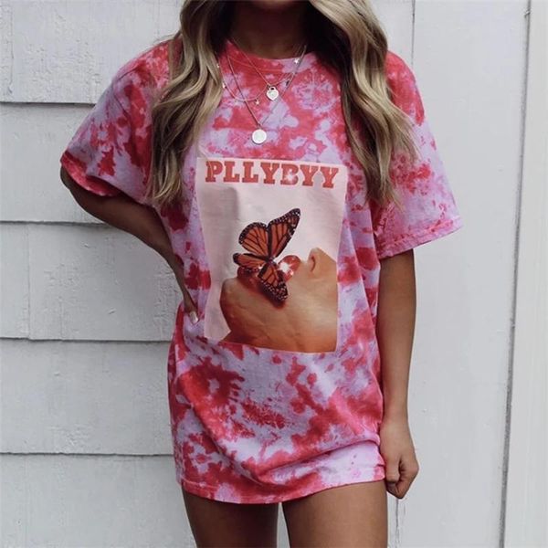

women's t-shirt pink tie dye print graphic tee shirt femme oversized t women summer vintage short sleeve tshirts streetwear plus size, White
