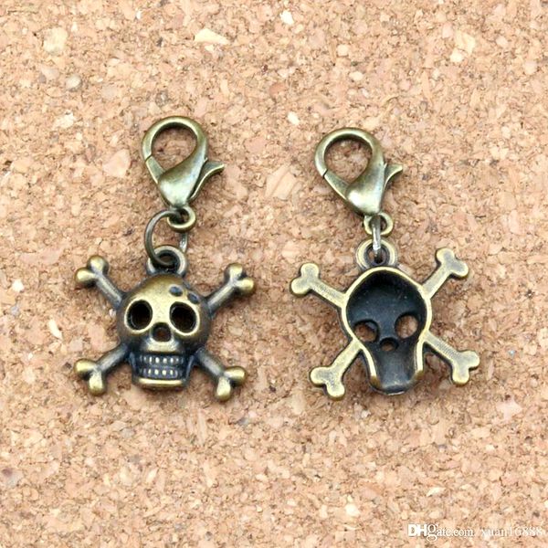 

100pcs/lots antique bronze alloy skull skeleton bone charms bead with lobster clasp fit charm bracelet diy jewelry 16.5x39mm a-337b, Bronze;silver