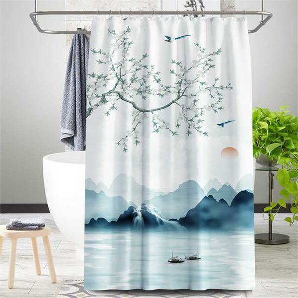 Chinês tinta estilo paisagem estilo cortina scenic pattern água impermeável banho cortina lavável banheiro acessório multi tamanho 211116