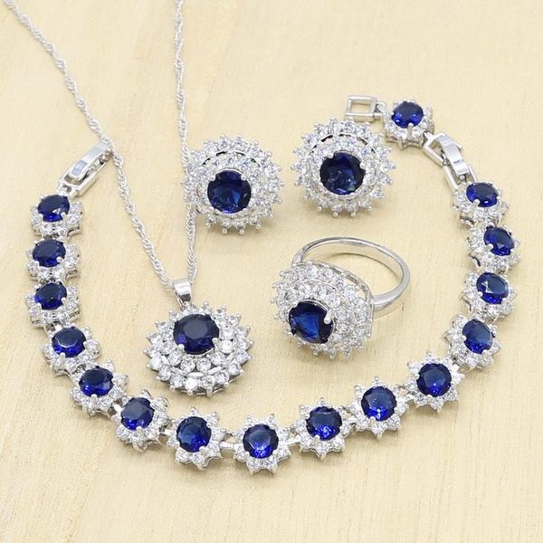 

wedding jewelry sets blue semi-precious white zirconia silver bracelets stud earrings rings pendant necklace for women birthday gift, Slivery;golden