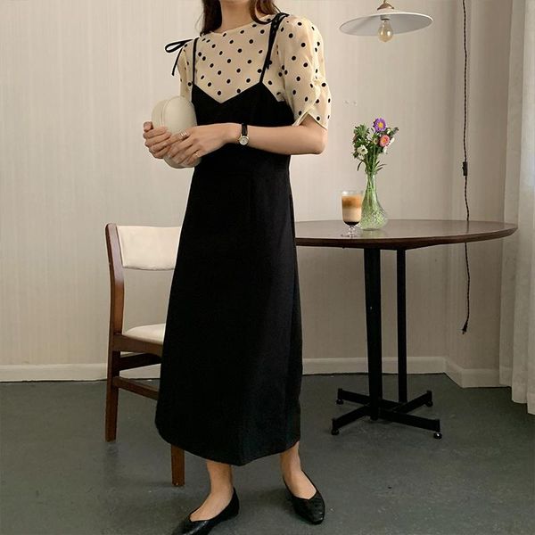 

party dresses elegance stylish all match polka dots prom summer slim 2021 sweet femme lady ol long split vestidos, White;black