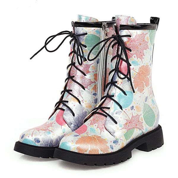 

boots lace up leaf pattern women round toe ankle for short plush winter shoes botas mujer, Black